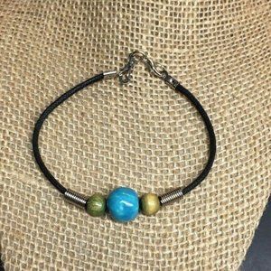 Beaded Bracelet Blue Green Brown Silver Lobster Claw Closure Black Cord BoHo